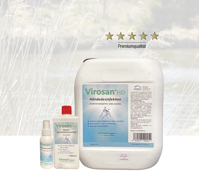 virosan hu00e4nde in verschiedenen gru00f6u00dfen erhu00e4ltlich, 100 ml, 500 ml und 5 liter