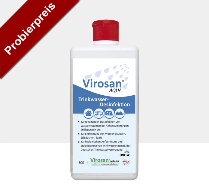 virosan aqua trinkwasserdesinfektion, desinfektionsmittel für wasser, desinfektion von leitungen, schläuchen und tanks, 500 ml Flasche